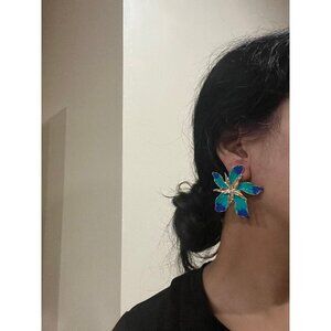 Large Blue earring Flower turquoise sea green royal blue gold oversized Earrings